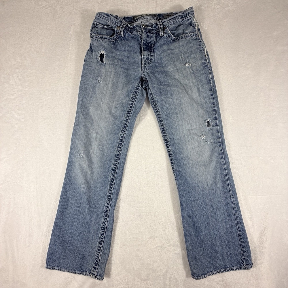 BKE Derek Jeans Men's 31R 31x31 Blue Bootcut Stretch Distressed Denim Med Wash